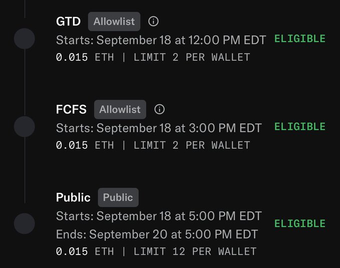 A screenshot of an NFT minting schedule listing GTD, FCFS, and Public sale phases with start times on September 18, pricing at 0.015 ETH, and 'ELIGIBLE' status for each.