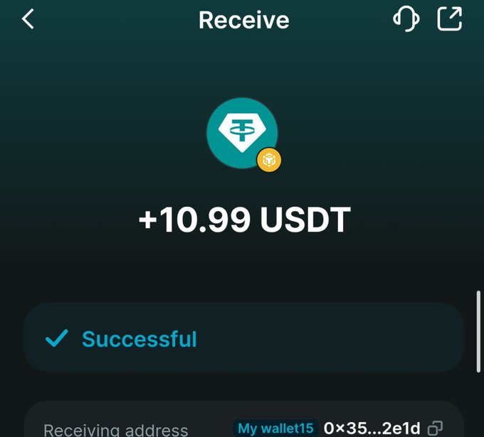 A successful receive of +10.99 USDT on the Tether (USDT) network to wallet address 0x35...2e1d.