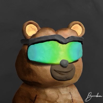 A digital painting of a brown teddy bear wearing iridescent green ski goggles, signed 'Burrbon' in the bottom right corner.