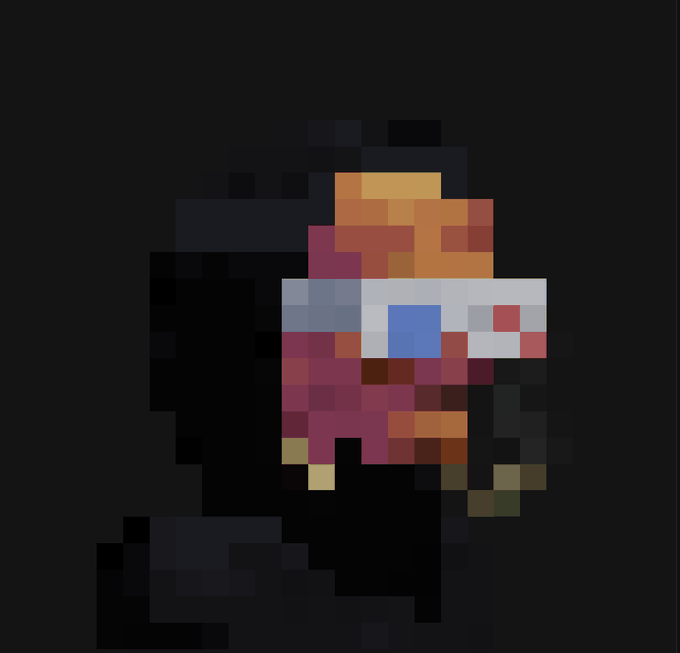 A low-resolution pixel art character with red and orange coloring and a blue and white band across its face, set against a solid black background.