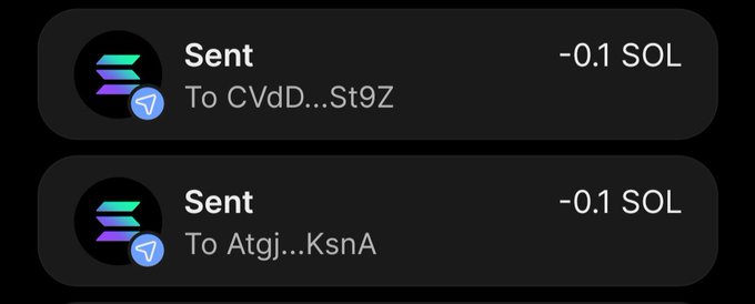A screenshot of a Solana wallet transaction history showing two "Sent" transactions of -0.1 SOL each, sent to addresses "CVdD...St9Z" and "Atgj...KsnA," confirming the 0.1 SOL giveaway transfers to the two winners (@452Xiaomei and @Mynameissly12).