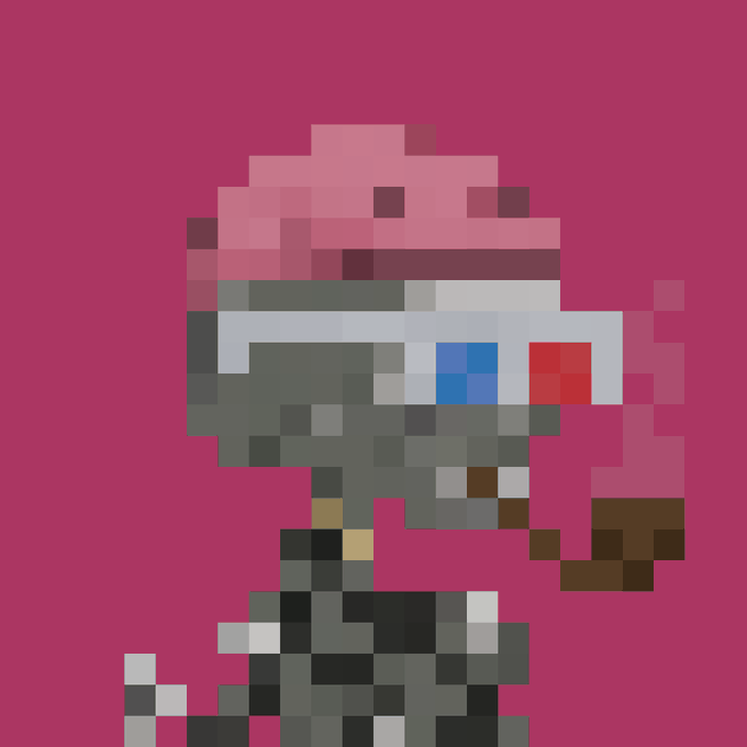 Pixel art illustration of a gray, skeleton-like character with a red eye and a pink brain exposed on top of its head, set against a solid magenta background.