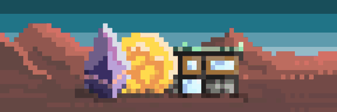 A pixel art image featuring a yellow and white explosion next to a purple crystal, with a small structure or container on a reddish landscape under a blue sky.
