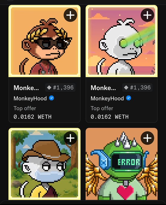 A grid of four pixel art NFT collectibles from 'MonkeyHood' collection, with top offers listed as 0.0162 WETH each, featuring various monkey characters.