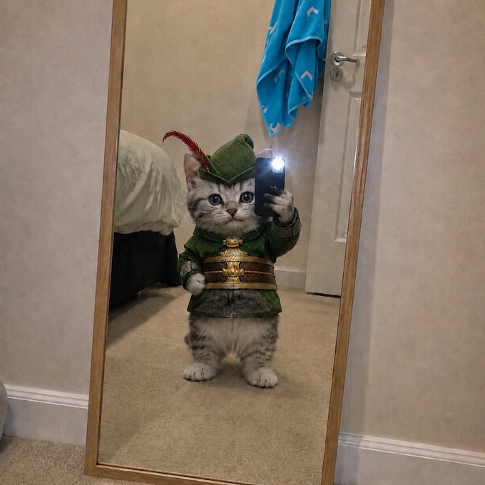 A tabby cat dressed as Peter Pan takes a mirror selfie in a green tunic and feathered cap, playfully posing as a swashbuckling trader ready to "trench on Robinhood Chain" in search of the day's hottest stocks to load.