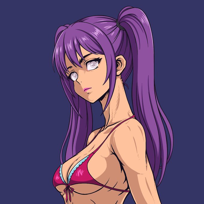 An anime-style illustration of a woman with purple twin tails wearing a pink bikini top and glasses.
