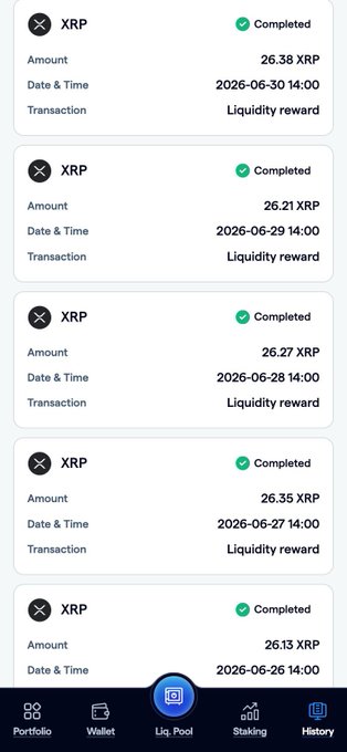 A mobile dashboard screenshot displays five completed XRP liquidity reward transactions from FortisX (fortisx.fi/kol/jack), with amounts ranging from 26.13 to 26.38 XRP dated 2026-06-26 through 2026-06-30, visually reinforcing the post's claim about consistent daily liquidity rewards on the platform.