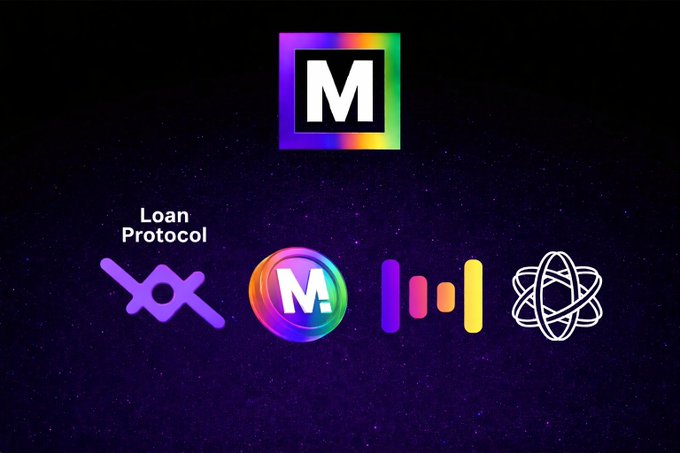 The image features a purple square with the letter "M" written inside of it, surrounded by four different logos representing various aspects related to cryptocurrency and lending services. The first logo is for "loan protocol", the second one is for "x", the third one is for "metal", and the fourth one is for "loan". These logos are arranged in a square formation around the letter "M" on a purple background, creating an eye-catching visual representation of these services.