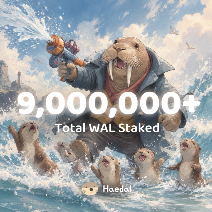 A promotional graphic for 'Haedal' features a digital illustration of an anthropomorphic walrus wielding a water gun, with text announcing '9,000,000+ Total WAL Staked.'
