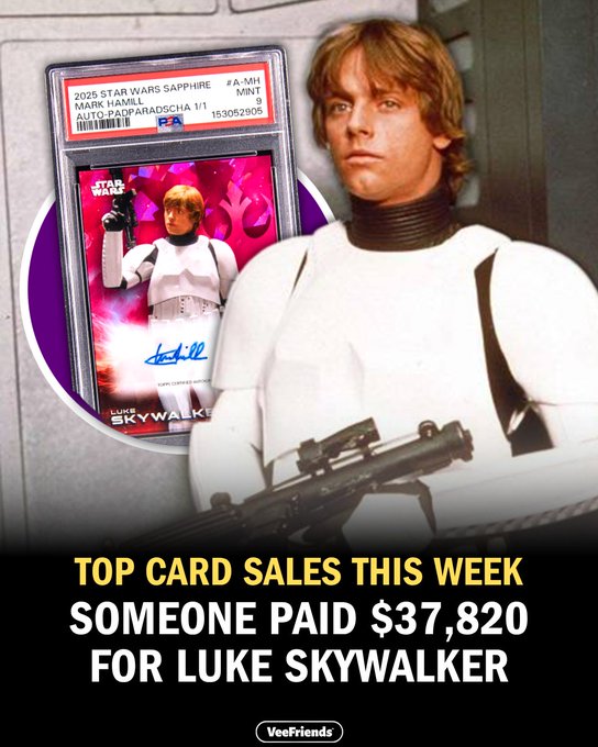 An advertisement for a 2025 Star Wars Sapphire trading card showing Mark Hamill as Luke Skywalker, with text reading 'TOP CARD SALES THIS WEEK: SOMEONE PAID $37,820 FOR LUKE SKYWALKER' from VeeFriends.