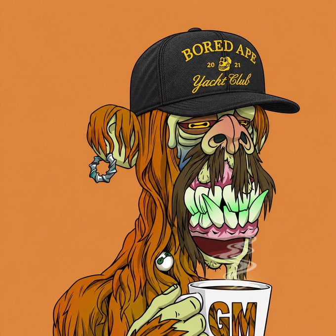 A cartoon-style illustration of a long-haired ape character wearing a black 'BORED APE 2021 Yacht Club' cap and holding a mug labeled 'GM' against an orange background.