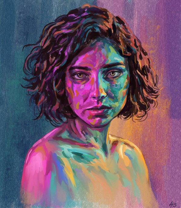 A vibrant, painterly portrait of a woman with curly hair, rendered in bold strokes of purple, pink, teal, and yellow, signed "AS" in the lower right corner. The accompanying post titles the artwork "The secrets in her eyes," referencing the gaze of the subject, and announces it as a 1/1 NFT minted on Transient Labs for 0.15 ETH.