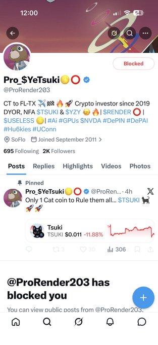 A mobile screenshot of an X (Twitter) profile for Pro_$YeTsuki (@ProRender203), a crypto investor since 2019 from CT, showing a pinned post about Tsuki coin with a price drop of -11.88%.