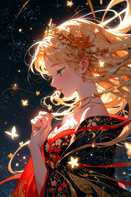 An anime-style illustration of a blonde woman with closed eyes, wearing an ornate floral headpiece and an elegant black and red kimono, surrounded by glowing butterflies and stars.