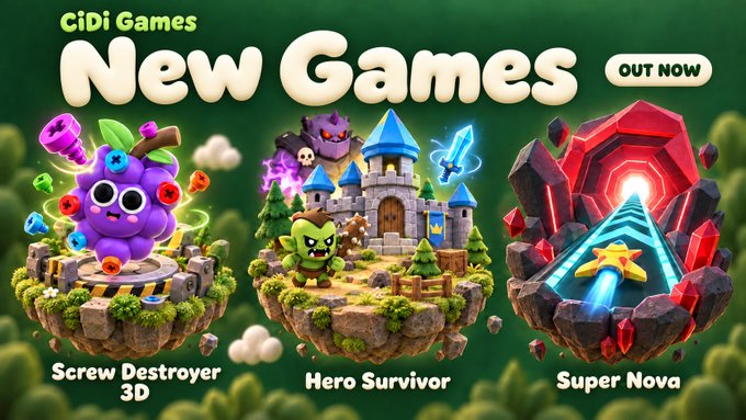 A promotional banner for CiDi Games announces three new game releases—"Screw Destroyer 3D," "Hero Survivor," and "Super Nova"—each represented by colorful 3D floating island artwork featuring a purple berry character, a green goblin before a castle, and a glowing neon triangular tunnel, respectively. An "OUT NOW" badge in the top right highlights their availability on the Pi Browser.