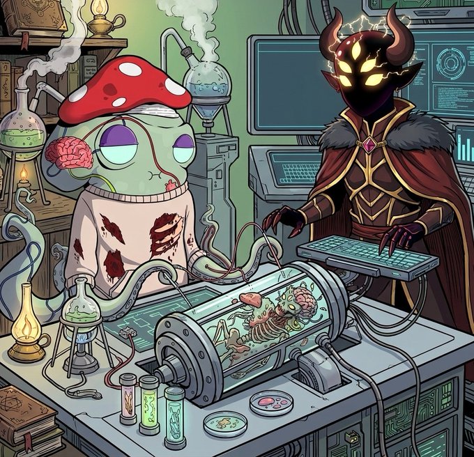 Cartoon illustration of a green tentacled creature with a mushroom-like head and a horned dark figure with glowing yellow eyes in a mad scientist lab setting.