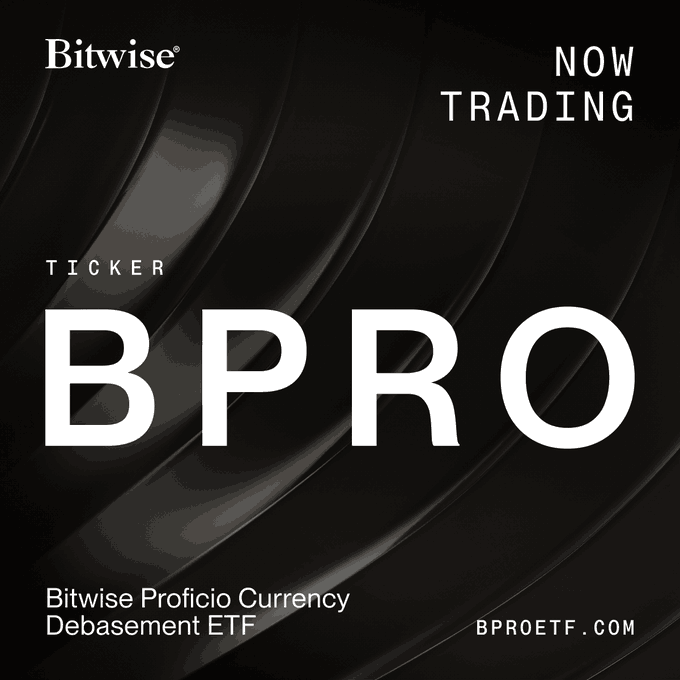 A promotional graphic for Bitwise announcing a new ETF with the text "NOW TRADING" and ticker symbol "BPRO," identifying it as the "Bitwise Proficio Currency Debasement ETF" (BPROETF.COM).