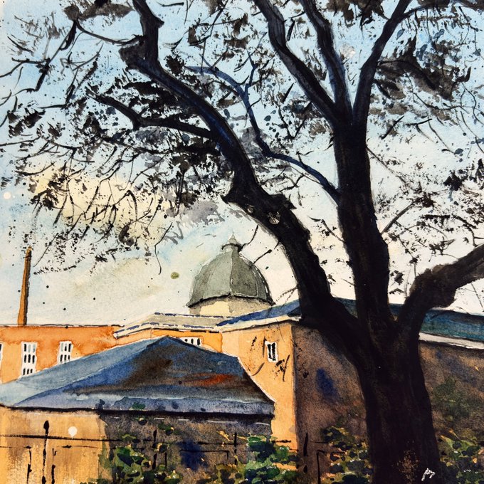A watercolor painting of a dark, leafless tree in the foreground with a building featuring a domed roof in the background under a pale blue sky.