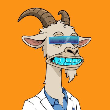 A cartoon illustration of a goat with an underbite showing teeth, wearing blue rectangular sunglasses and a white lab coat over a blue shirt, against an orange background.