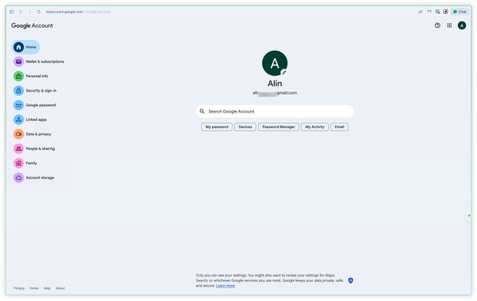 A Google Account settings page displayed in a browser for user 'Alin' showing the homepage with navigation options including Home, Wallet & subscriptions, Personal info, Security & sign-in, and more.