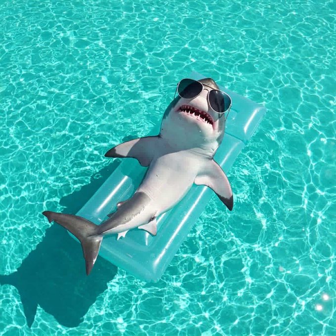 A humorous 3D rendering of a shark wearing aviator sunglasses while lounging on a teal pool float in a bright blue swimming pool.