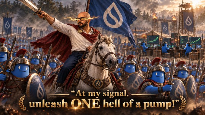 Satirical meme depicting a Sui Network leader riding a horse with a sword raised, commanding an army of blue Sui-themed Roman soldiers in front of trading screens, captioned 'At my signal, unleash ONE hell of a pump!'.