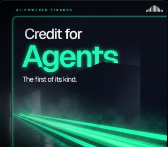 A futuristic neon-style promotional graphic with green glowing text reading 'Credit for Agents - The first of its kind.' under the header 'AI-POWERED FINANCE'.
