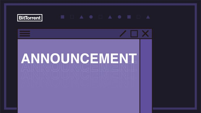 A dark purple graphic featuring the "BitTorrent" logo alongside geometric shapes and a stylized browser window displaying the bold word "ANNOUNCEMENT." The design visually reinforces the post's news about BitTorrent's upcoming BTT long-term repurchase initiative and on-chain audit transparency efforts.