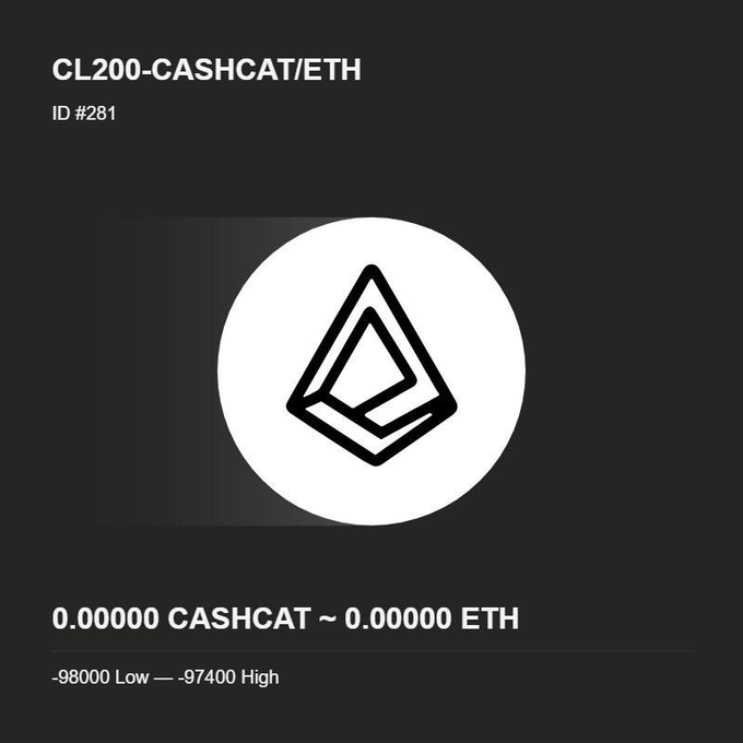 A black graphic displays the "CL200-CASHCAT/ETH" token (ID #281) priced at 0.00000 CASHCAT to 0.00000 ETH, featuring its white circular geometric logo. The near-zero valuation visually underscores the post's commentary on locking into the $UP token, which is humorously likened to receiving a worthless "cashcat" NFT.