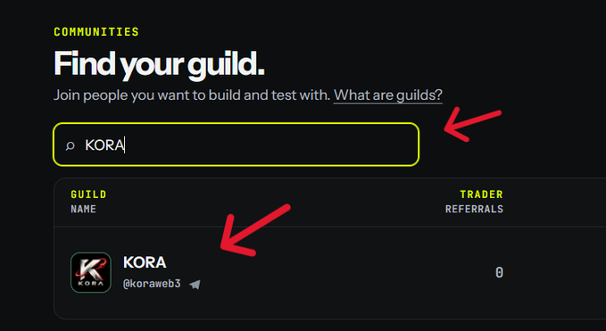 A digital interface shows 'COMMUNITIES' with the heading 'Find your guild.' and a search for 'KORA', with red arrows pointing to a guild listing for 'KORA @koraweb3'.