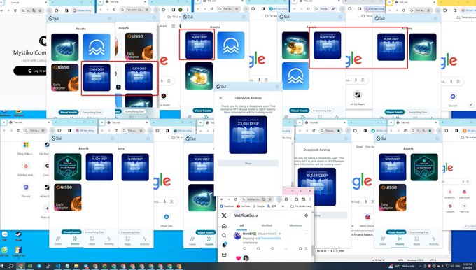 A collage of screenshots showing various web browser windows and an AR.IO DeepWhale Airdrop notification displaying a balance of 14,840.00 DEEP, alongside other wallet interfaces. The image visually documents the airdrop claim process referenced in the post, showing the wallet that later saw its 14,800 $DEEP tokens valued at over $4000 after the token's price surge.