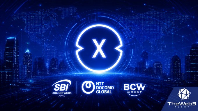 A promotional graphic with a blue digital cityscape background displays the X (formerly Twitter) logo alongside partner logos for SBI XDC Network APAC, NTT Docomo Global, BCW Group, and TheWeb3 Alliance.