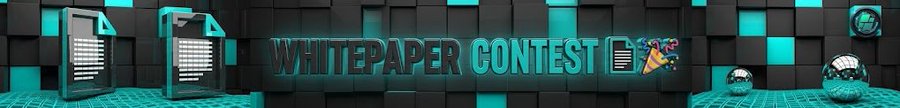 A wide digital banner reads “WHITEPAPER CONTEST” in teal and black block lettering, flanked by futuristic computer icons, document symbols, geometric tiles, and metallic spheres.