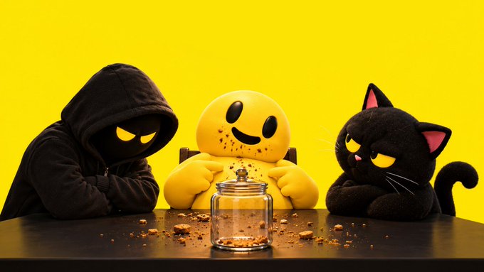 Three plush toys—a hooded figure, a yellow smiley character, and a black cat—pose around spilled cookie crumbs and an empty glass jar against a bright yellow background.