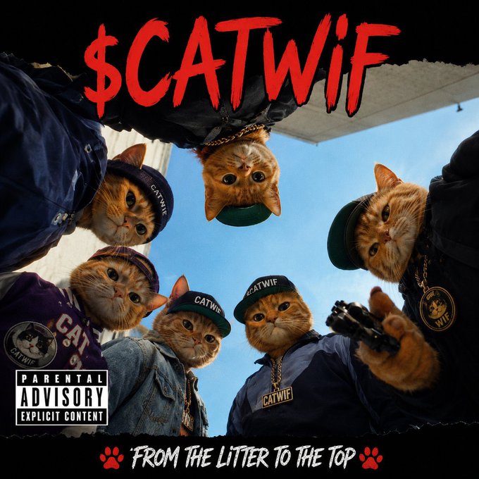 The image is a parody hip-hop album cover titled "$CATWIF" featuring six orange cats wearing streetwear, caps with "CATWIF" branding, gold chains, and one holding a gun, all shot from a low angle against a blue sky. It includes a "Parental Advisory Explicit Content" label and the tagline "FROM THE LITTER TO THE TOP," mimicking a rap mixtape aesthetic to promote the $CATWIF memecoin's growing market cap momentum.