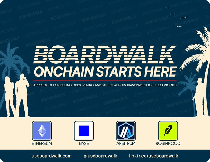 A promotional graphic for 'BOARDWALK' with the tagline 'ONCHAIN STARTS HERE', describing it as 'A PROTOCOL FOR ISSUING, DISCOVERING, AND PARTICIPATING IN TRANSPARENT TOKEN ECONOMIES', with logos for Ethereum, Base, Arbitrum, and Robinhood.
