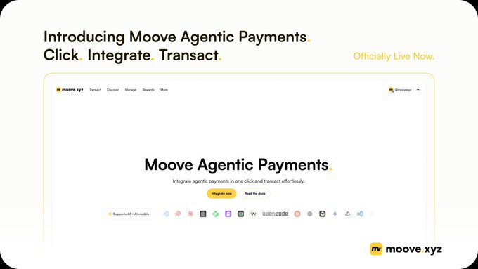 A promotional webpage for 'Moove Agentic Payments' announcing that the integration platform is officially live.