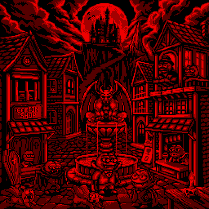 A red monochrome pixel art scene depicts a dark fantasy town with a gothic castle in the background, a demonic fountain in the foreground, and a 'GOBLIN SHOP' sign.