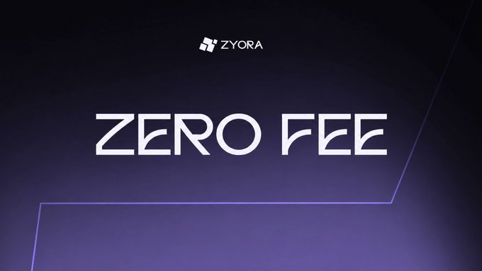 The image displays a dark purple gradient background with the "ZYORA" logo at the top and the bold white text "ZERO FEE" prominently centered, visually reinforcing the post's message that token launches on ZYORA have no launch fee or upfront cost.
