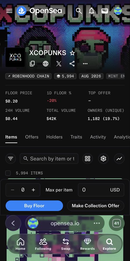An OpenSea mobile page for the 'XCOPUNKS' collection on the Robinhood Chain, showing a floor price of $0.20 and 5,994 items.