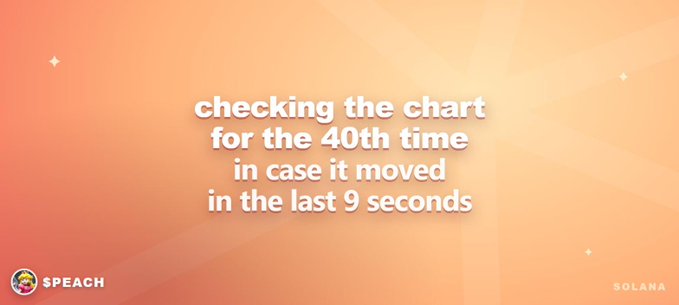 A meme-style graphic with text reading 'checking the chart for the 40th time in case it moved in the last 9 seconds', with 'SPEACH' and 'SOLANA' branding.
