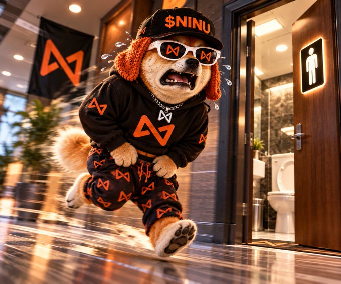 A cartoonish dog wearing a black cap with orange text '$NINU', orange and black sunglasses, a chain necklace, and a black tracksuit patterned with orange symbols sprints toward a restroom with its tongue out.