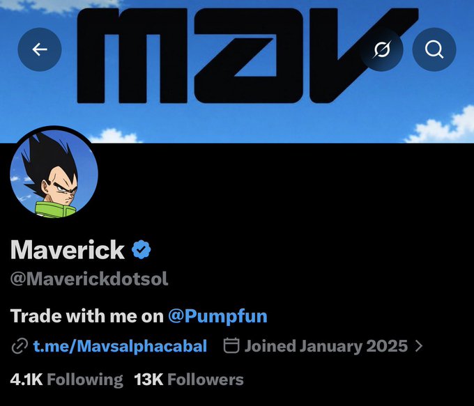 A Twitter/X profile screenshot of "Maverick" (@Maverickdotsol) showing a Vegeta avatar, "MAV" header banner, 13K followers, and a bio promoting trading on @Pumpfun with the link t.me/Mavsalphacabal. The image directly visualizes the post's celebration of hitting 13,000 followers, reinforcing the bullish, community-driven tone of "locked in for this bull run."