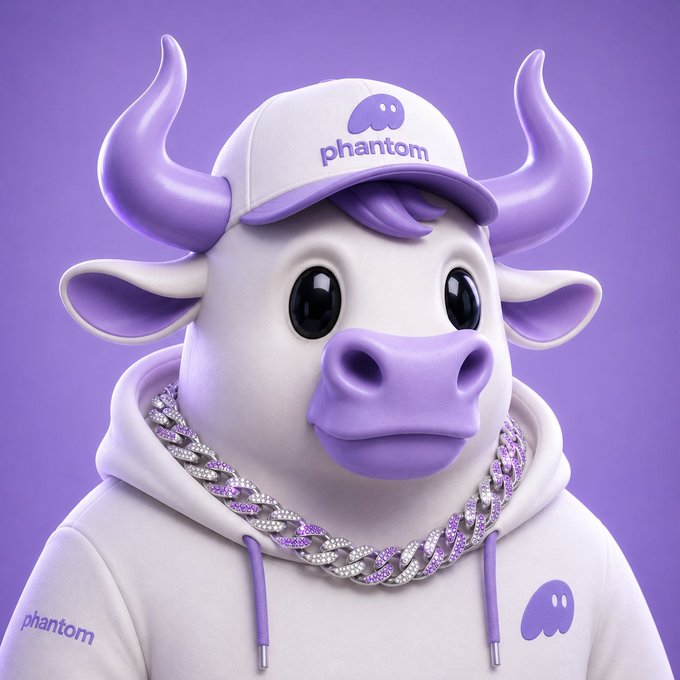 A 3D-rendered cartoon bull mascot with purple horns and accents wears a white cap and hoodie, both featuring the "phantom" logo. The purple branding and "bull" imagery connect to the post's reference to "$ANSEM @bullpenNFT," suggesting the mascot represents a Phantom wallet-themed NFT collection.