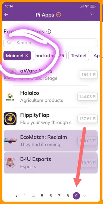 A screenshot of the Pi Apps directory highlights "Mainnet" and "aWare News" apps, with a red arrow pointing to page 9 of the listings showing apps like Halalco (144.08 Pi), FlippityFlap (137.81 Pi), EcoMatch: Reclaim (154.03 Pi), and B4U Esports (118.79 Pi). This relates to the post by illustrating the growing number of Mainnet-ready apps that still need to complete development to launch officially and provide real Tokens for the DEX liquidity pool.