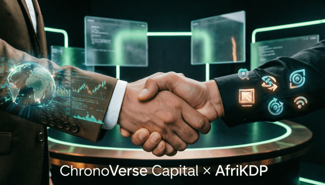 Digital promotional image showing a handshake between two people, with text 'ChronoVerse Capital x AfriKDP' and futuristic digital overlays including a globe, charts, and icons.