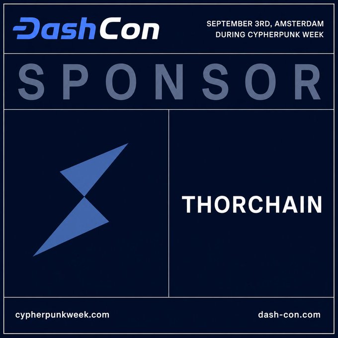 A sponsor graphic for THORCHAIN at DashCon, taking place September 3rd in Amsterdam during Cypherpunk Week, with the cypherpunkweek.com and dash-con.com websites listed.