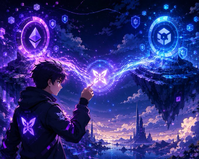 The image features a man wearing a black jacket, standing next to a castle-like structure surrounded by mountains under a starry sky. He is holding a butterfly in his hand, which appears to be glowing with an ethereal light. The scene suggests that he might be exploring or interacting with the magical environment around him.

The post mentions a new development from @quipnetwork, specifically about a quantum secure cross chain bridge that moves assets between networks and verifies its authenticity using post-quantum signature verification on both sides. This technology ensures the security of data transmission in a rapidly advancing digital landscape.