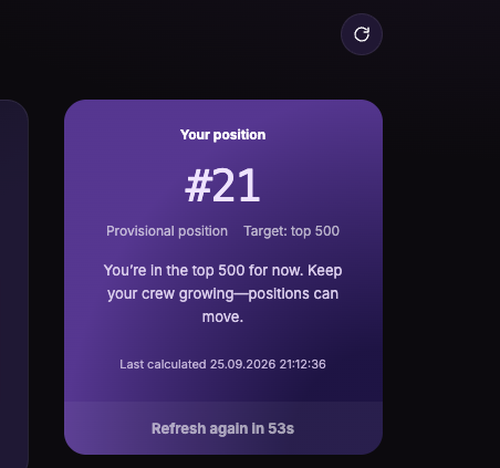 A purple dashboard card displays a user's ranking at "#21" with a provisional position note and target of "top 500," stating "You're in the top 500 for now. Keep your crew growing—positions can move." Last calculated on 25.09.2026 at 21:12:36, with a "Refresh again in 53s" timer. This appears to be a leaderboard or referral ranking interface from the Jumper platform, showing the user's competitive standing ahead of the mentioned pre-sale.