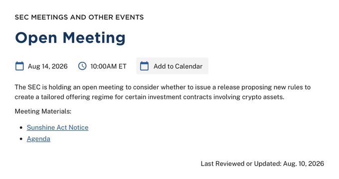 An SEC announcement page details an 'Open Meeting' scheduled for Aug 14, 2026 at 10:00 AM ET, regarding new rules for crypto asset investment contracts.
